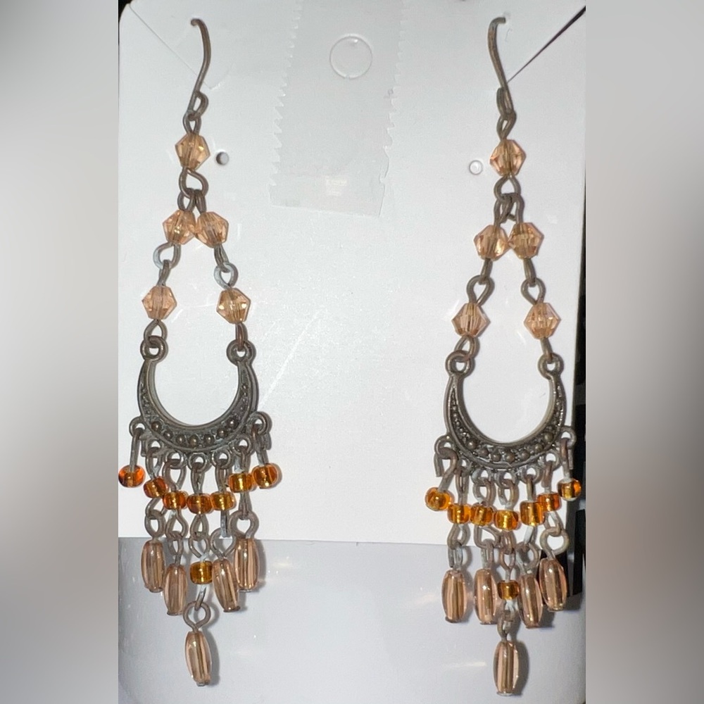 Vintage Orange Bead And Bronze Tone Dangle Earrings - Gently Used